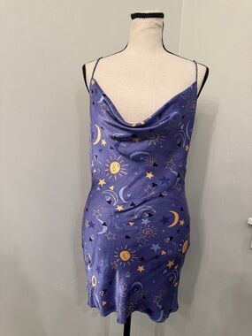 Zara Satin Slip Dress Small Purple Celestial Moon Stars Cowl Neck Mini